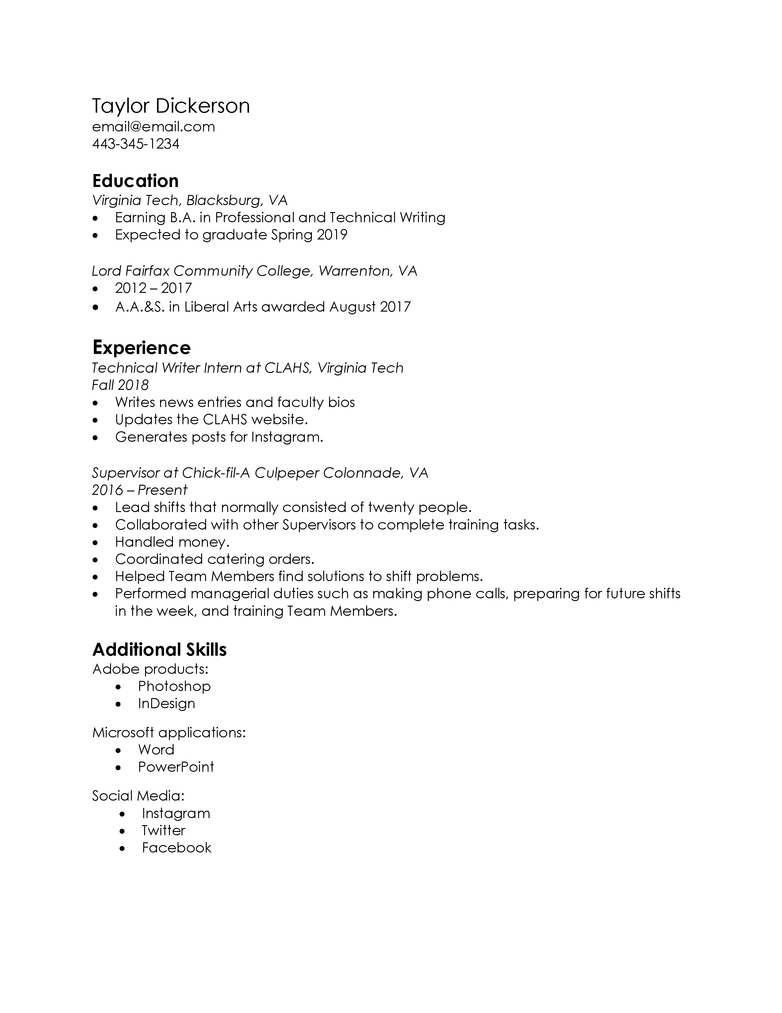 Taylor's black and white text resume